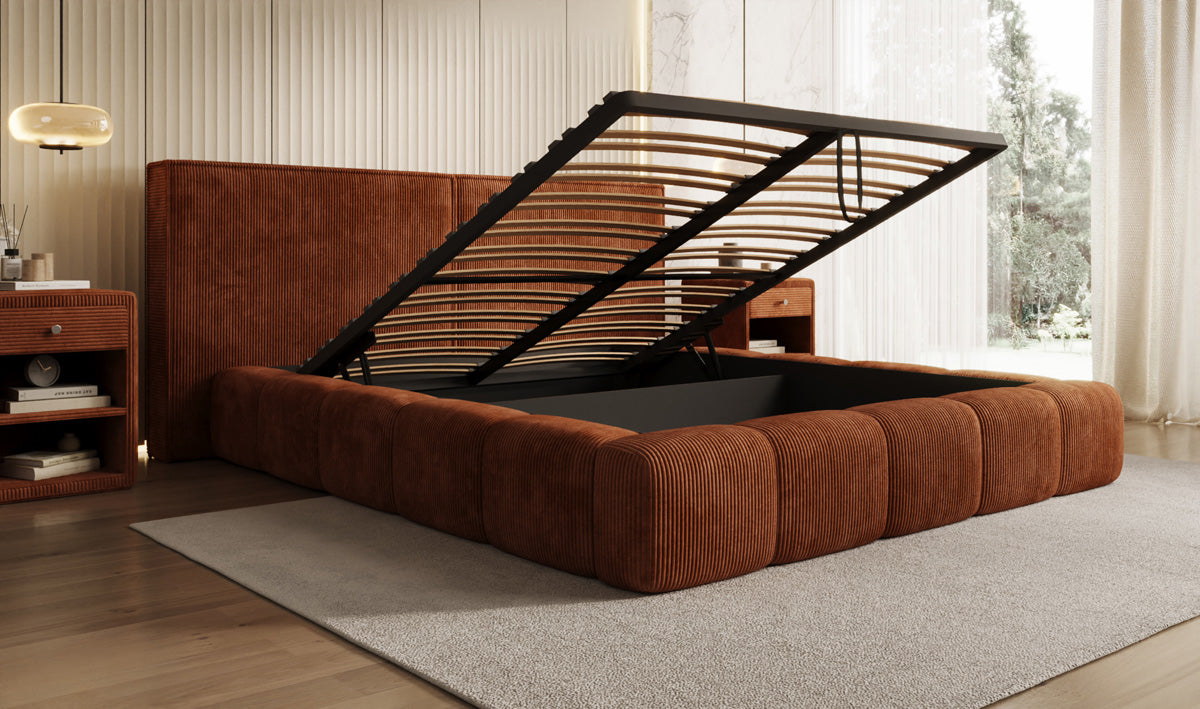 Designer gestoffeerd bed Elise in Ribstof met opbergruimte