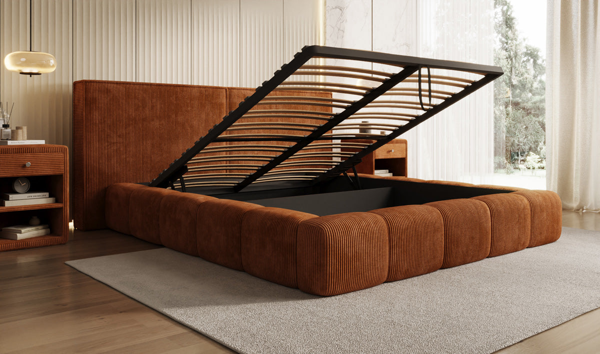 Designer gestoffeerd bed Elise in Ribstof met opbergruimte