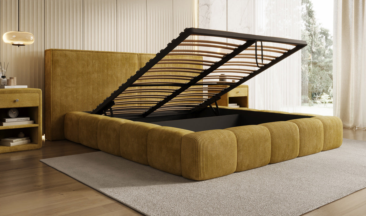 Designer gestoffeerd bed Elise in Ribstof met opbergruimte