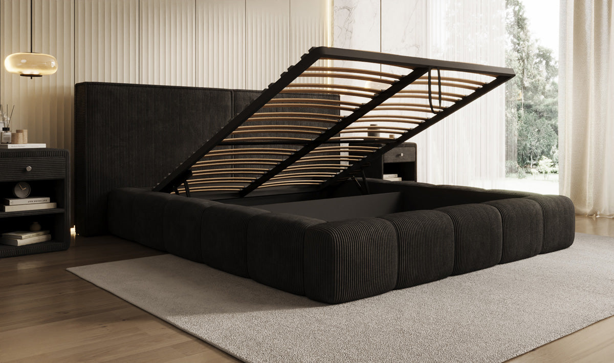 Designer gestoffeerd bed Elise in Ribstof met opbergruimte
