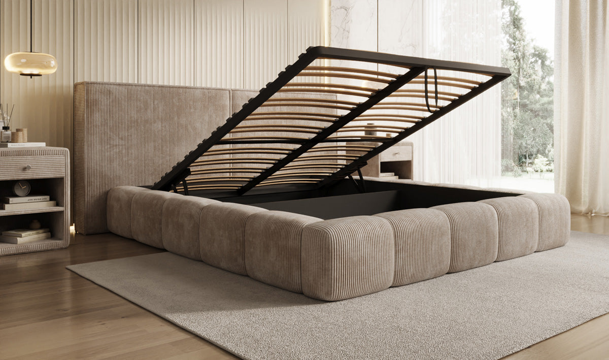 Designer gestoffeerd bed Elise in Ribstof met opbergruimte