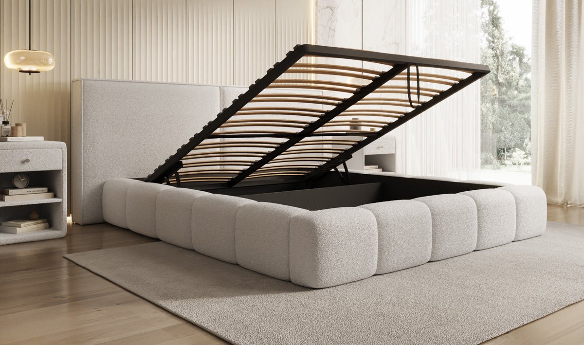 Designer gestoffeerd bed Elise in Teddystof Bouclé met opbergruimte