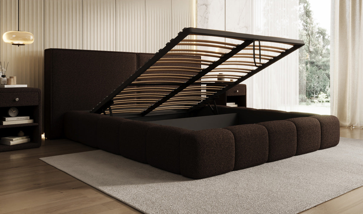 Designer gestoffeerd bed Elise in Teddystof Bouclé met opbergruimte