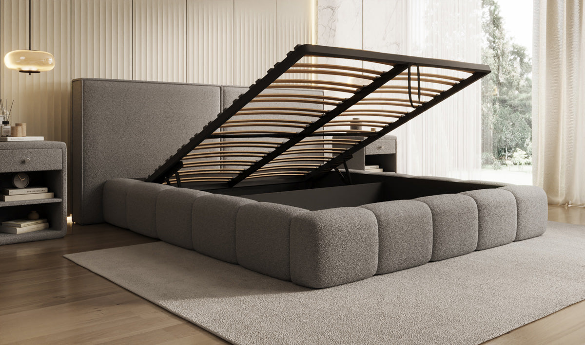 Designer gestoffeerd bed Elise in Teddystof Bouclé met opbergruimte