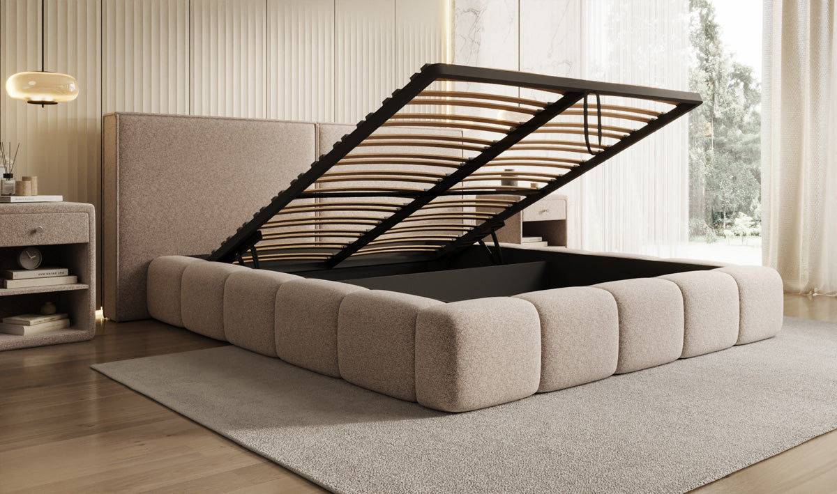 Designer gestoffeerd bed Elise in structuurstof met opbergruimte