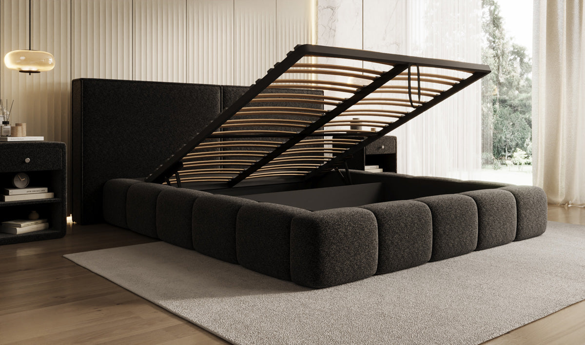 Designer gestoffeerd bed Elise in structuurstof met opbergruimte