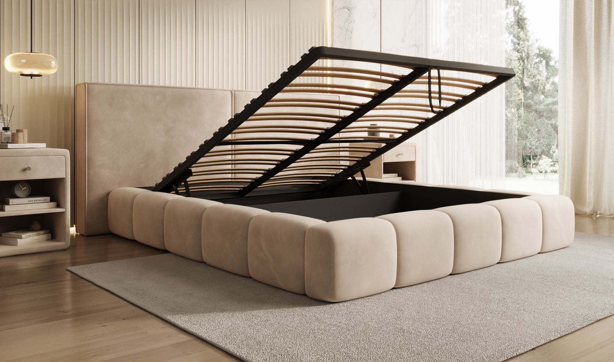 Design gestoffeerd bed Elise in Fluweel met opbergruimte