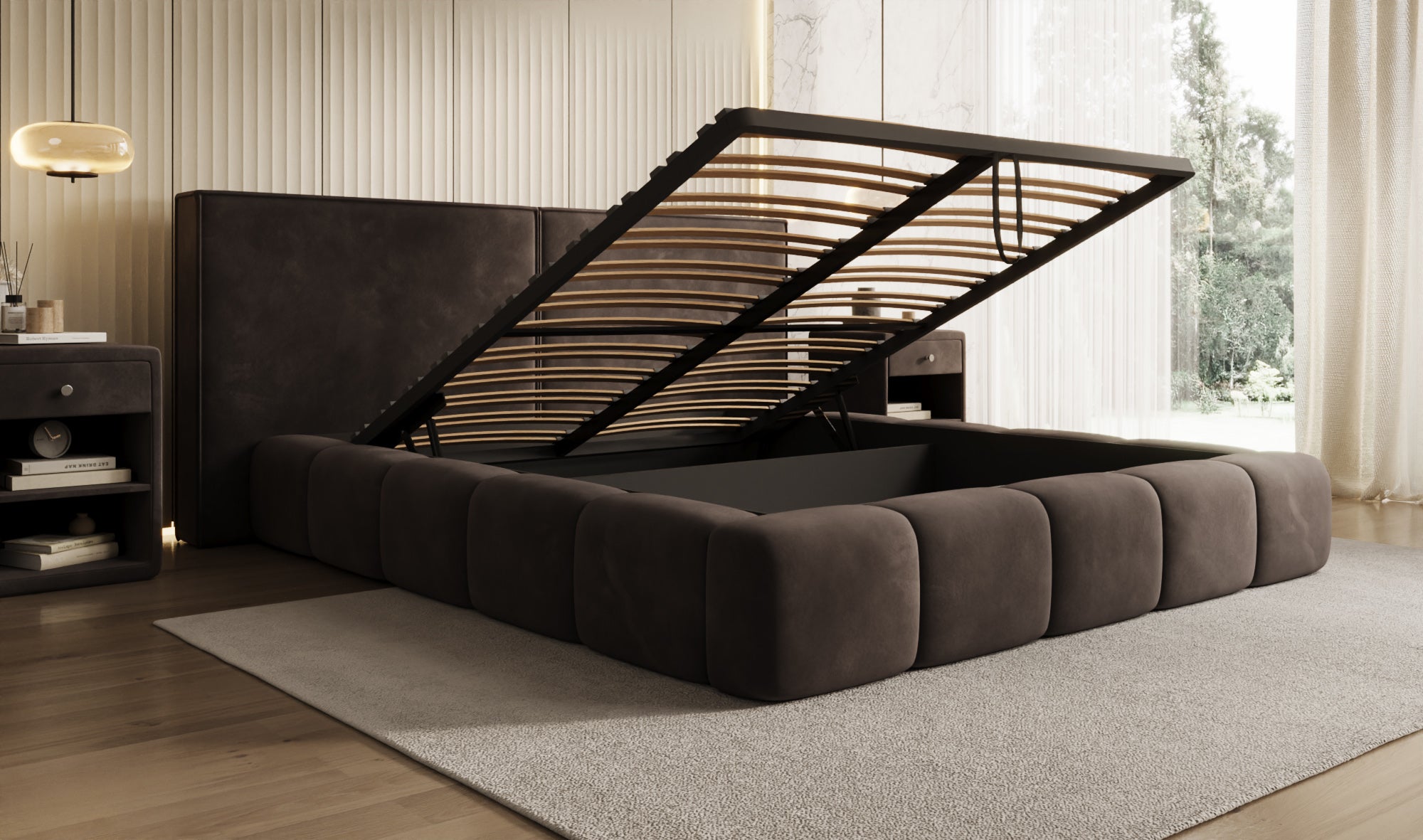 Design gestoffeerd bed Elise in Fluweel met opbergruimte