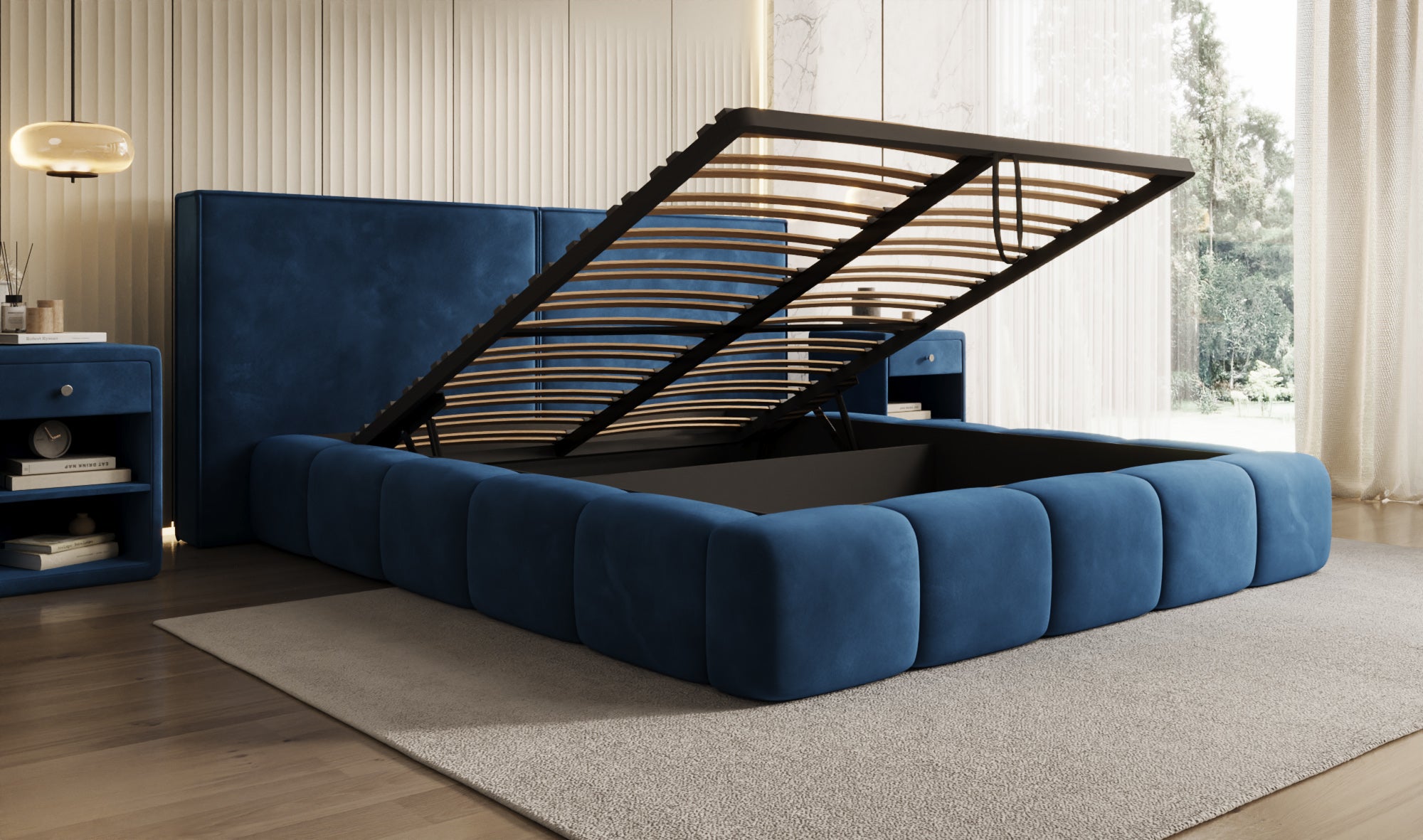 Design gestoffeerd bed Elise in Fluweel met opbergruimte