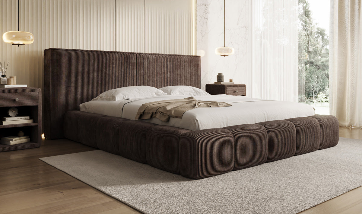 Designer gestoffeerd bed Elise in Ribstof met opbergruimte