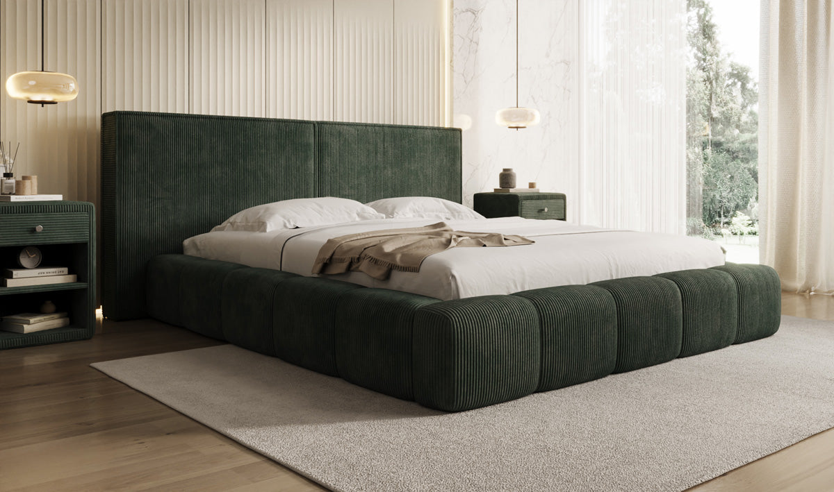 Designer gestoffeerd bed Elise in Ribstof met opbergruimte