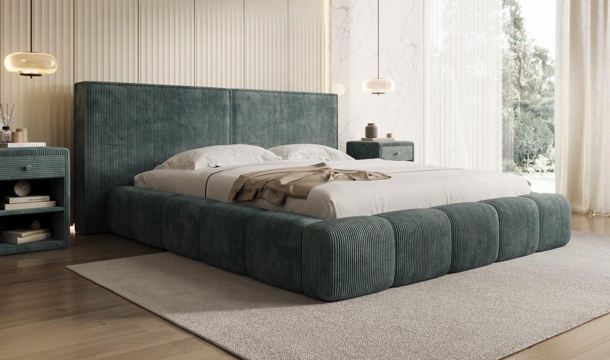 Designer gestoffeerd bed Elise in Ribstof met opbergruimte