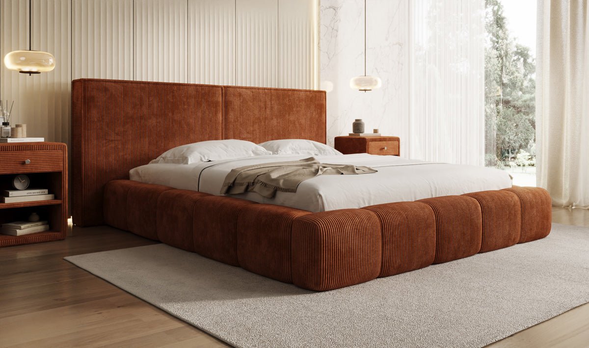 Designer gestoffeerd bed Elise in Ribstof met opbergruimte