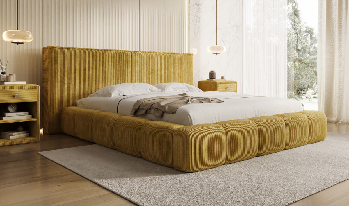 Designer gestoffeerd bed Elise in Ribstof met opbergruimte