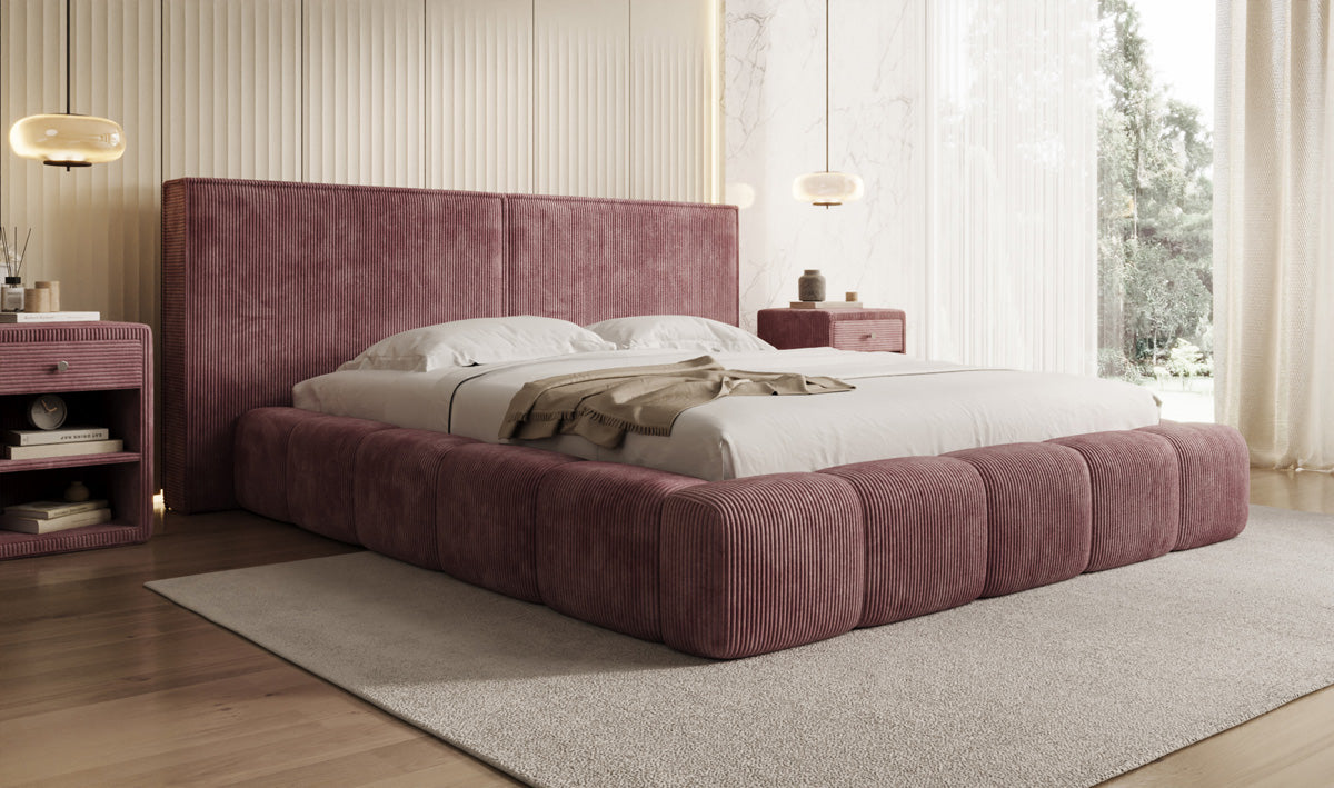 Designer gestoffeerd bed Elise in Ribstof met opbergruimte