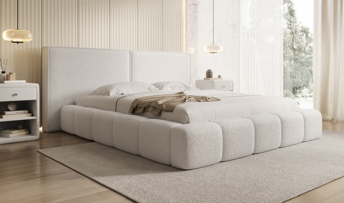 Designer gestoffeerd bed Elise in Teddystof Bouclé met opbergruimte