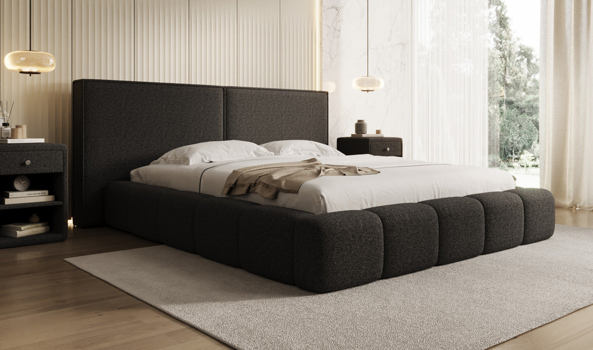 Designer gestoffeerd bed Elise in Teddystof Bouclé met opbergruimte