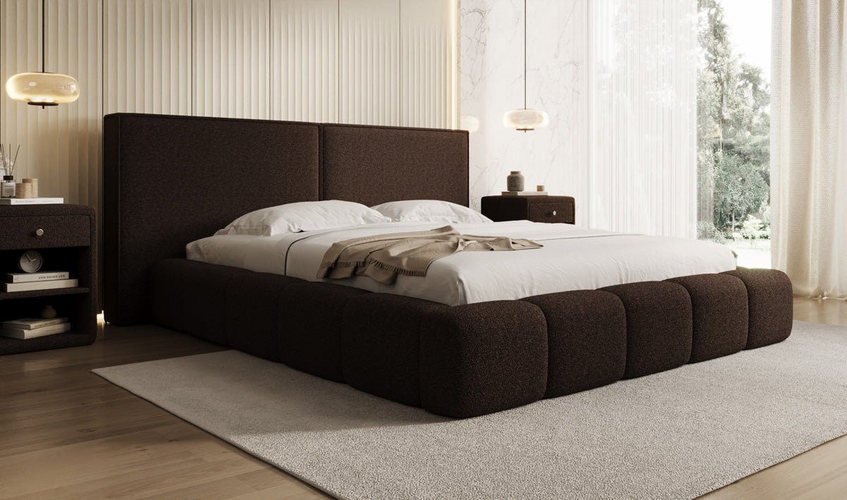 Designer gestoffeerd bed Elise in Teddystof Bouclé met opbergruimte