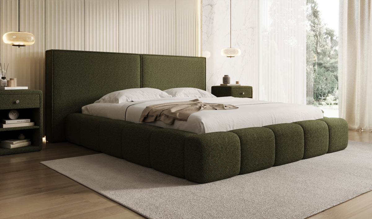 Designer gestoffeerd bed Elise in Teddystof Bouclé met opbergruimte