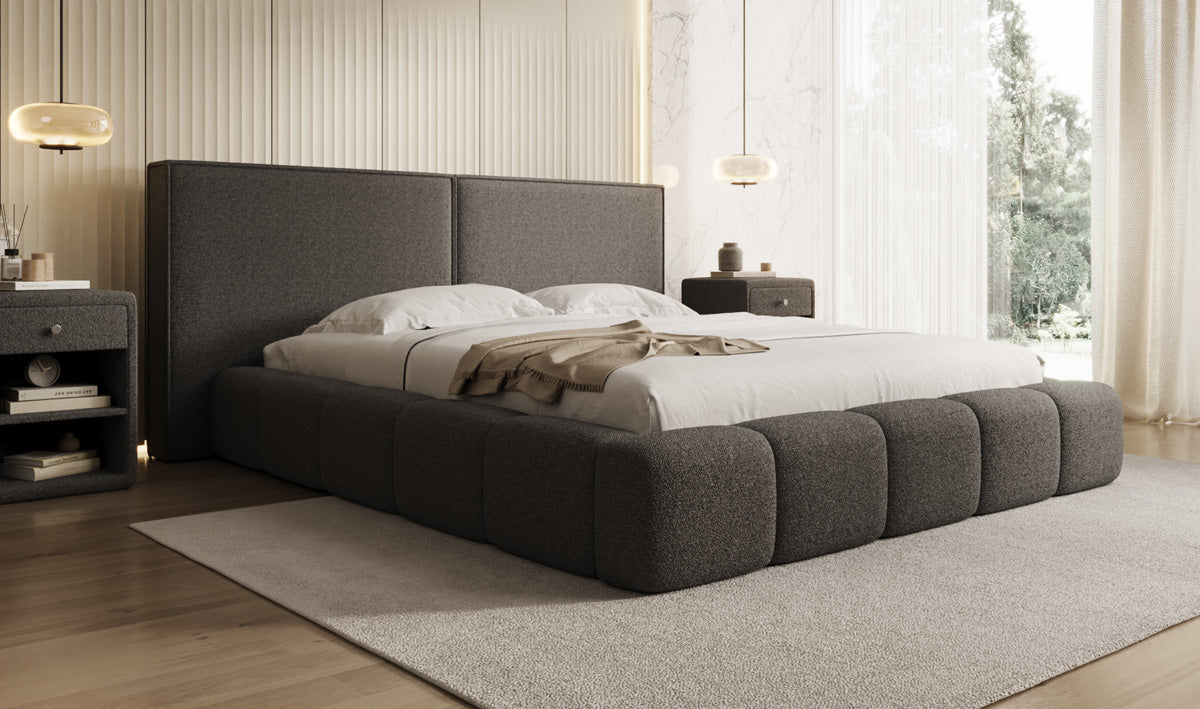 Designer gestoffeerd bed Elise in Teddystof Bouclé met opbergruimte