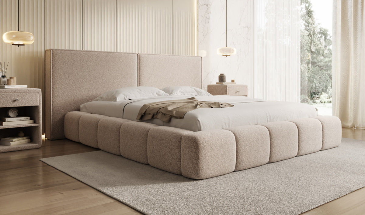 Designer gestoffeerd bed Elise in structuurstof met opbergruimte