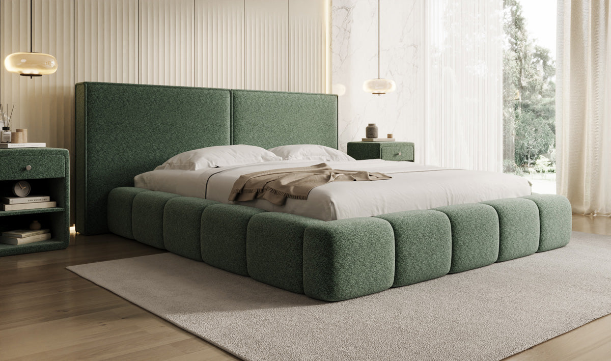 Designer gestoffeerd bed Elise in structuurstof met opbergruimte
