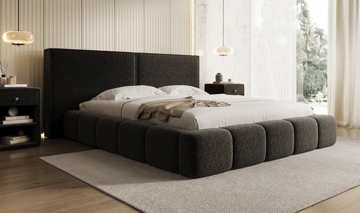Designer gestoffeerd bed Elise in structuurstof met opbergruimte
