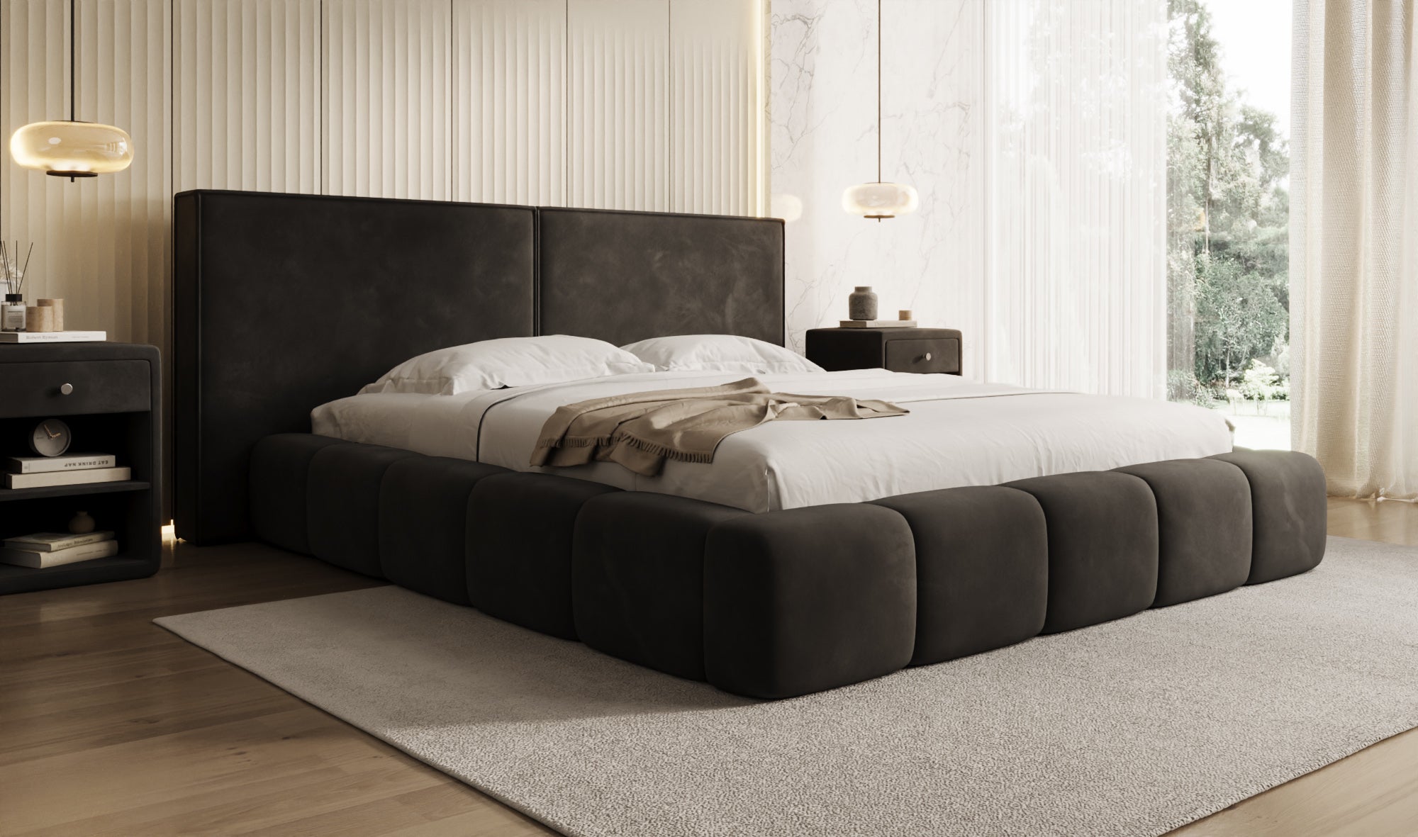 Design gestoffeerd bed Elise in Fluweel met opbergruimte