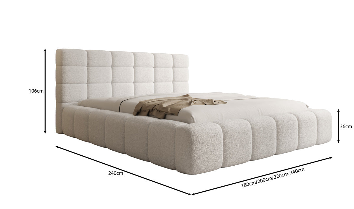 Designer gestoffeerd bed Marshmallow in Teddystof Bouclé met opbergruimte