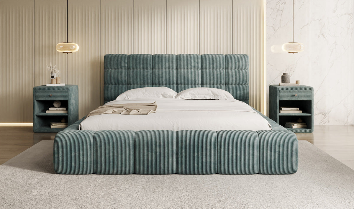 Designer gestoffeerd bed Marshmallow in Ribstof met opbergruimte
