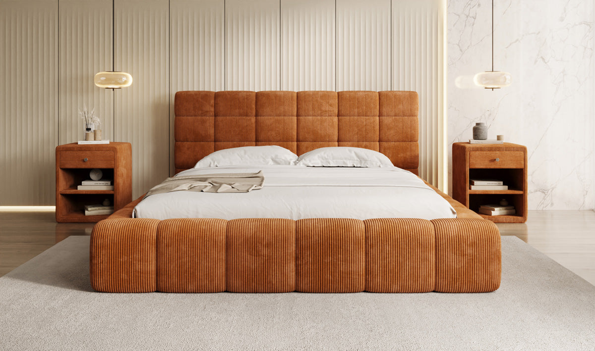Designer gestoffeerd bed Marshmallow in Ribstof met opbergruimte