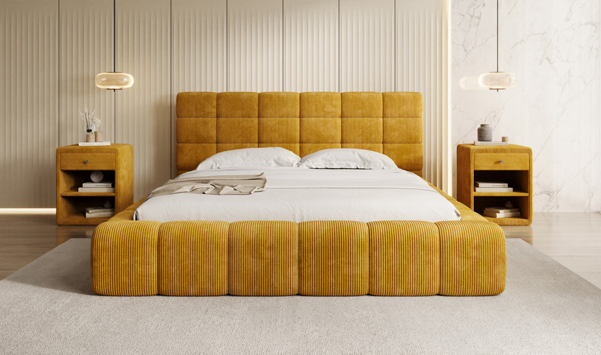 Designer gestoffeerd bed Marshmallow in Ribstof met opbergruimte