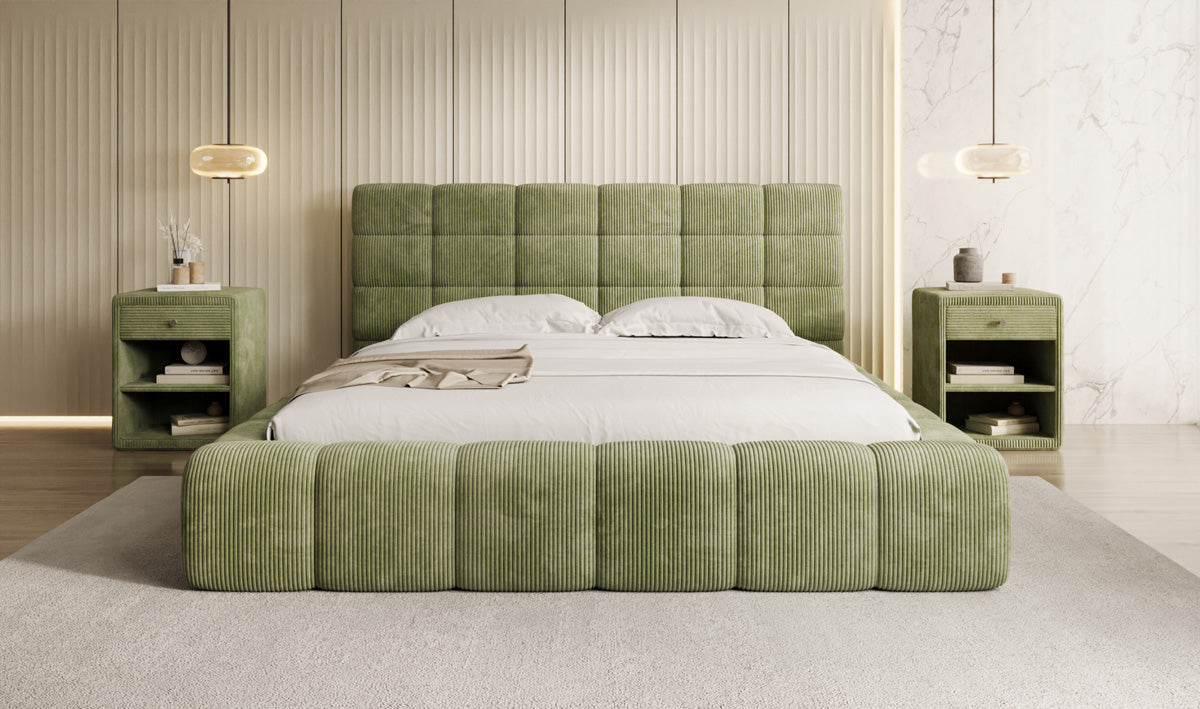 Designer gestoffeerd bed Marshmallow in Ribstof met opbergruimte