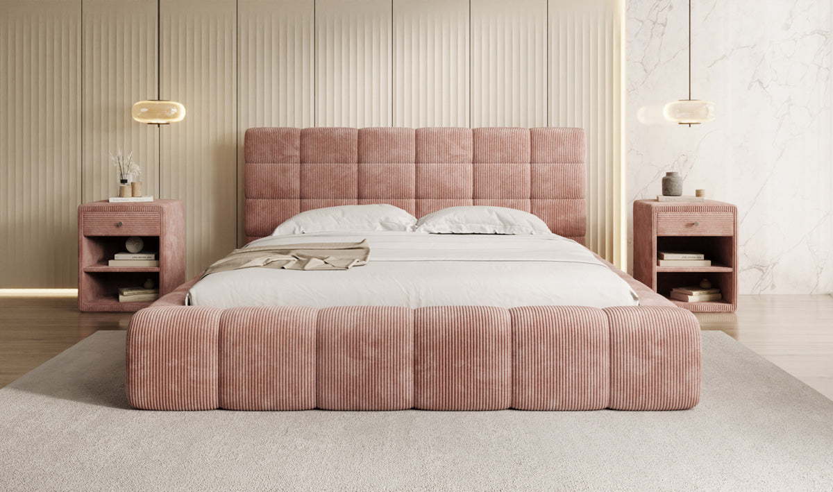 Designer gestoffeerd bed Marshmallow in Ribstof met opbergruimte