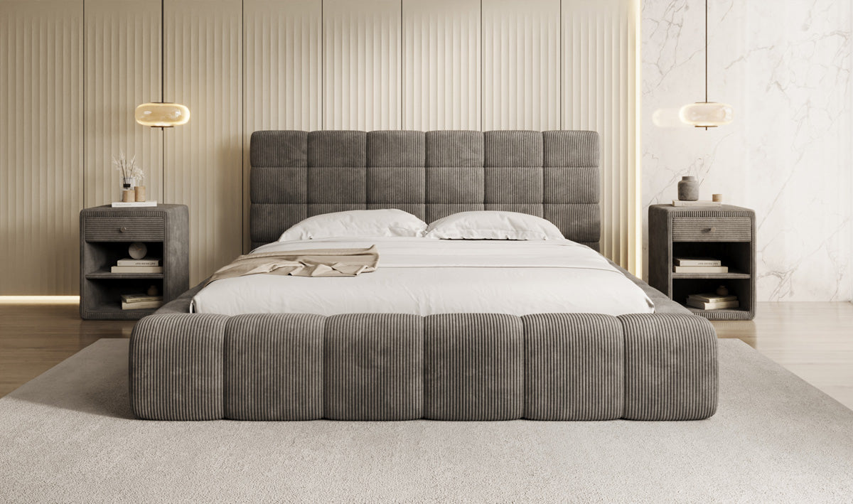 Designer gestoffeerd bed Marshmallow in Ribstof met opbergruimte