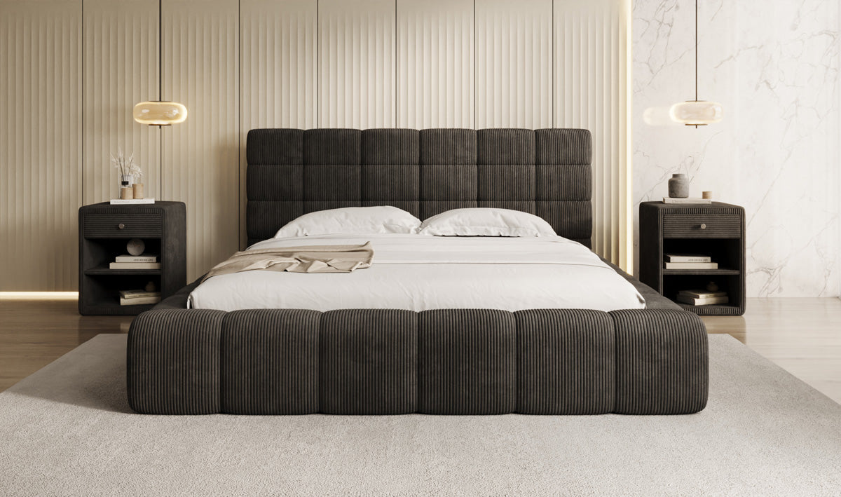 Designer gestoffeerd bed Marshmallow in Ribstof met opbergruimte