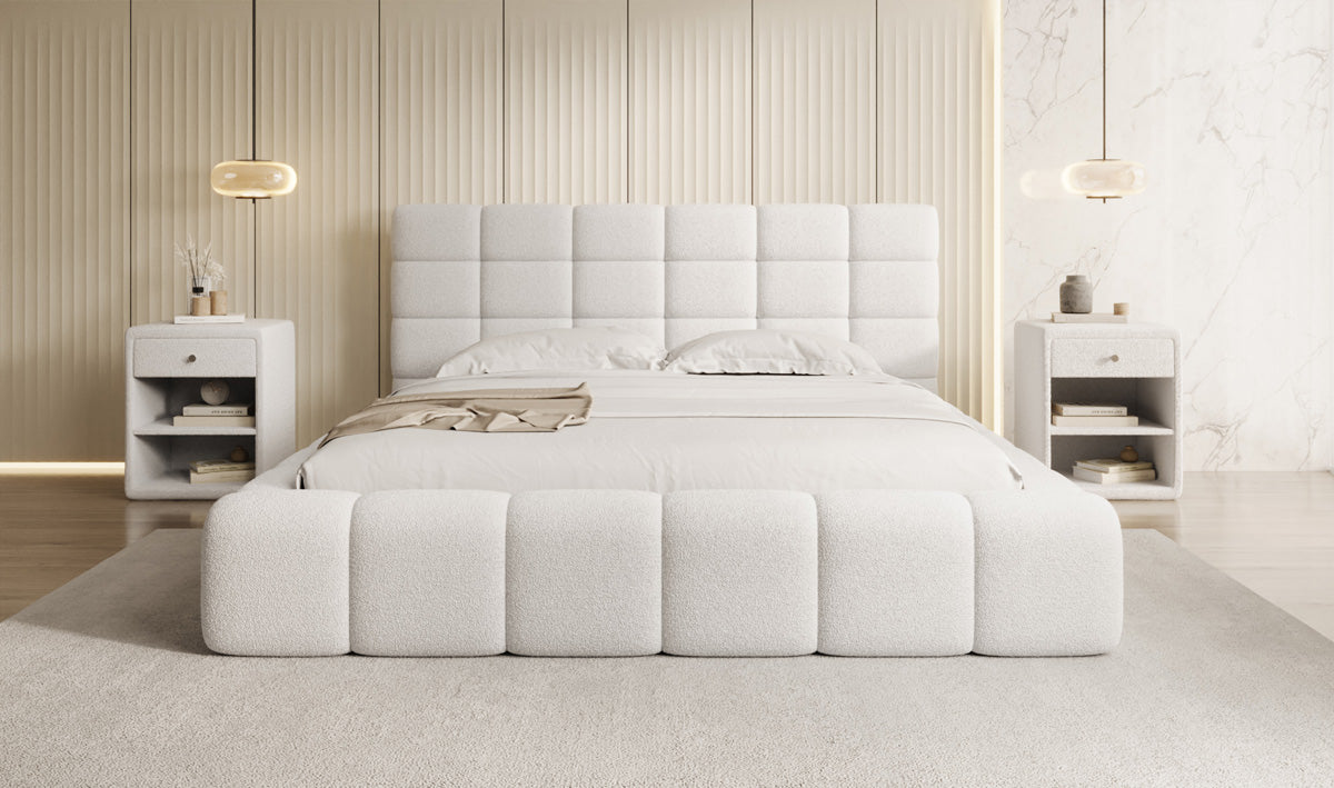 Designer gestoffeerd bed Marshmallow in Teddystof Bouclé met opbergruimte