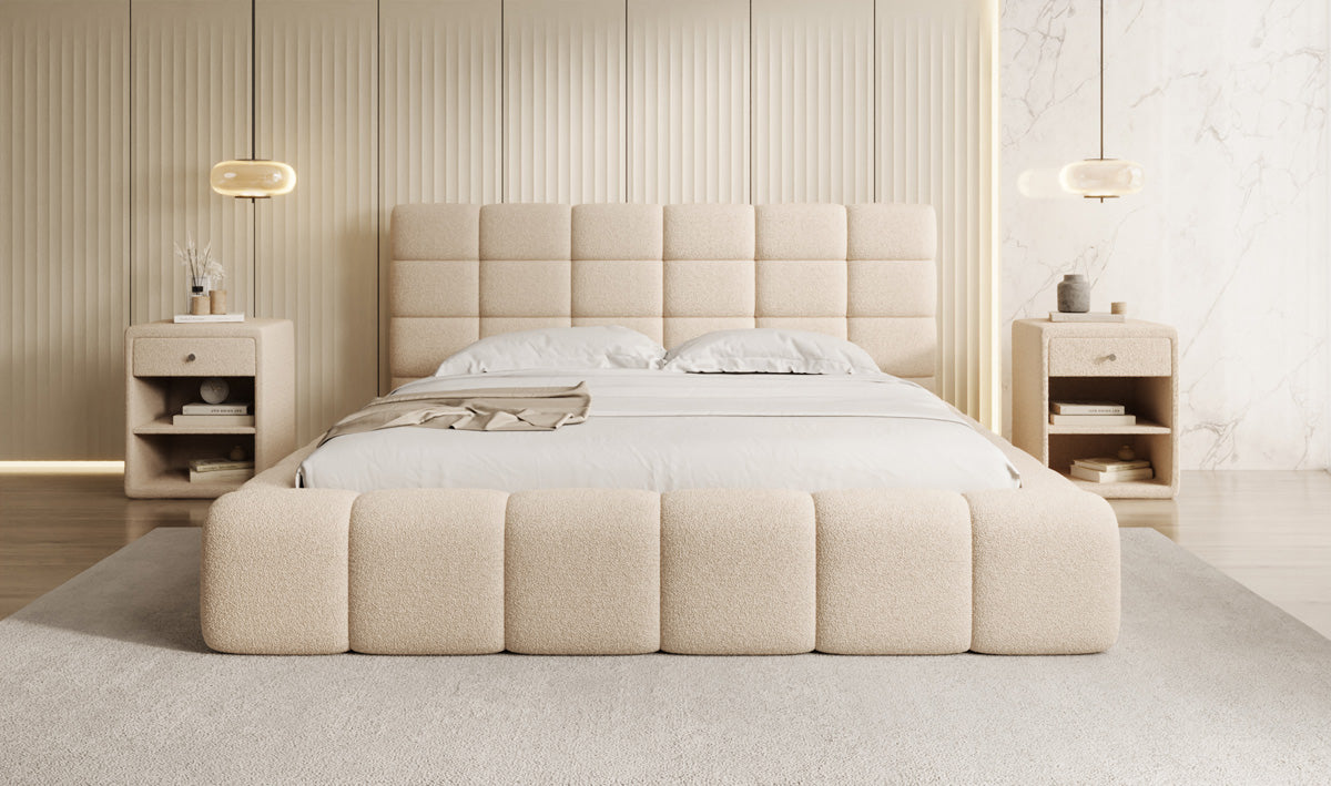 Designer gestoffeerd bed Marshmallow in Teddystof Bouclé met opbergruimte