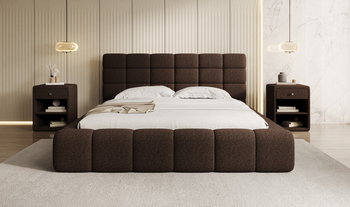 Designer gestoffeerd bed Marshmallow in Teddystof Bouclé met opbergruimte