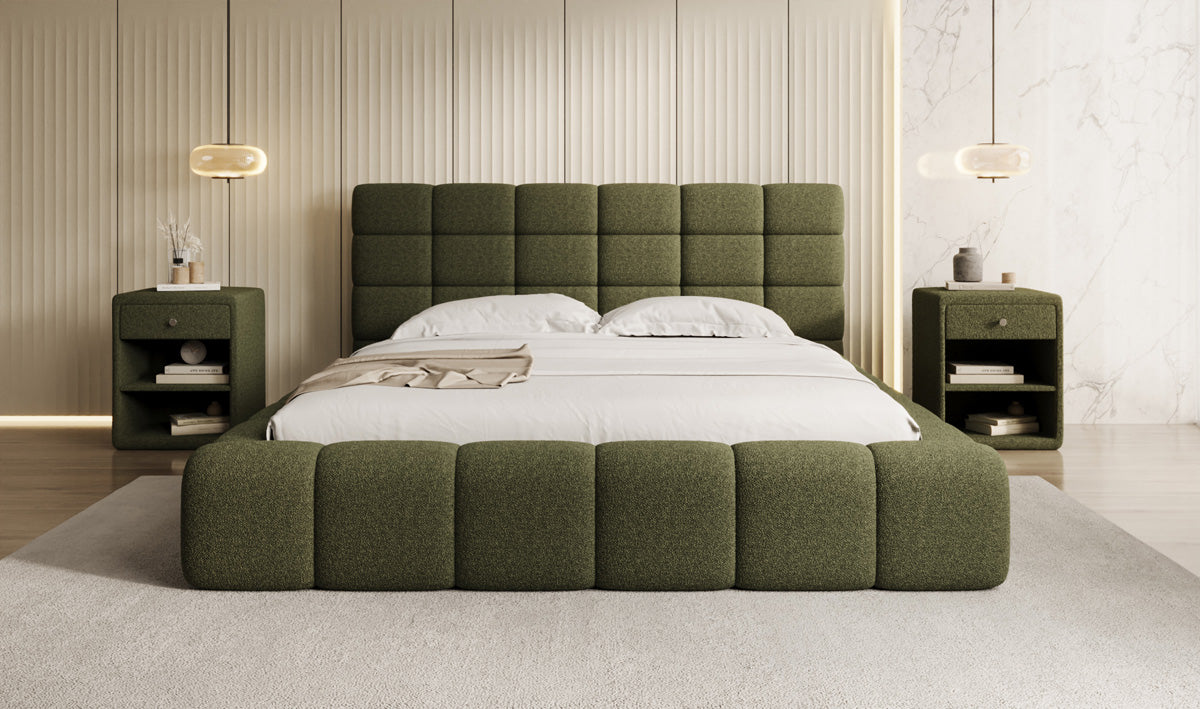 Designer gestoffeerd bed Marshmallow in Teddystof Bouclé met opbergruimte