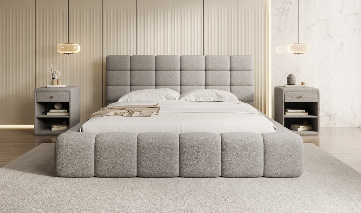 Designer gestoffeerd bed Marshmallow in Teddystof Bouclé met opbergruimte