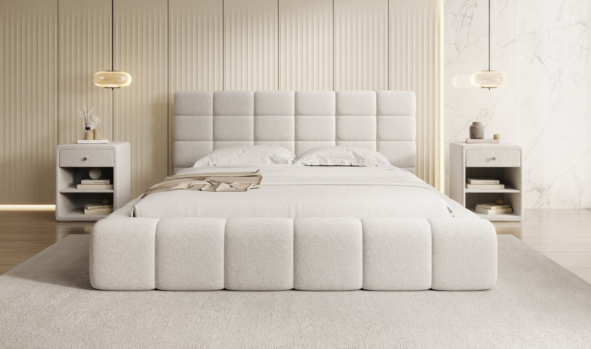 Designer gestoffeerd bed Marshmallow in structuurstof met opbergruimte