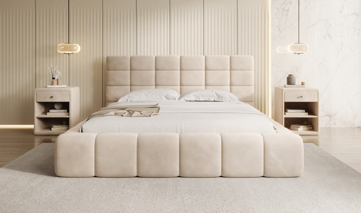Designer gestoffeerd bed Marshmallow in Fluweel met opbergruimte