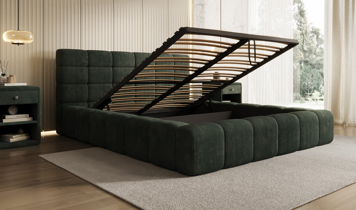 Designer gestoffeerd bed Marshmallow in Ribstof met opbergruimte