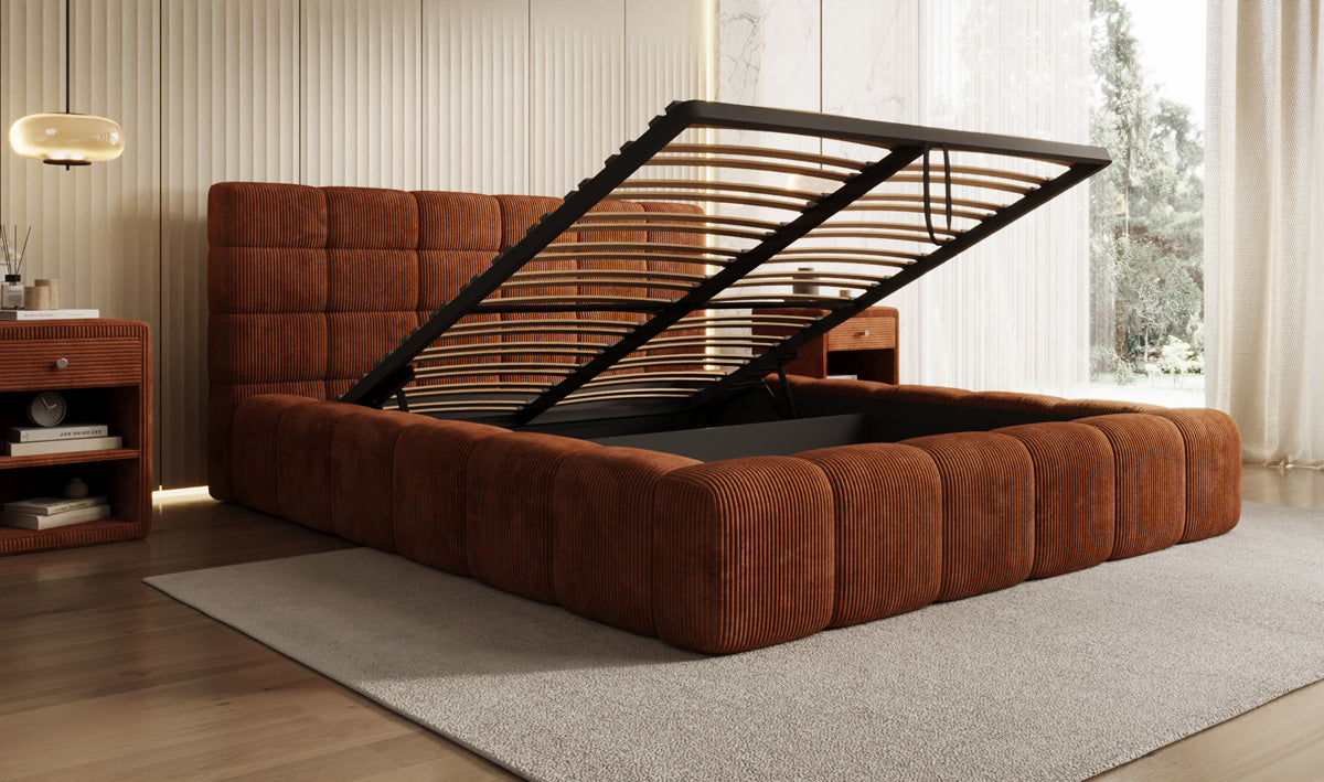 Designer gestoffeerd bed Marshmallow in Ribstof met opbergruimte
