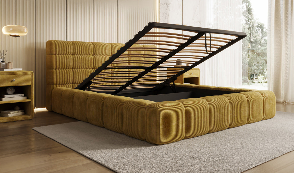 Designer gestoffeerd bed Marshmallow in Ribstof met opbergruimte