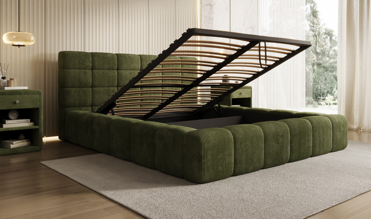 Designer gestoffeerd bed Marshmallow in Ribstof met opbergruimte