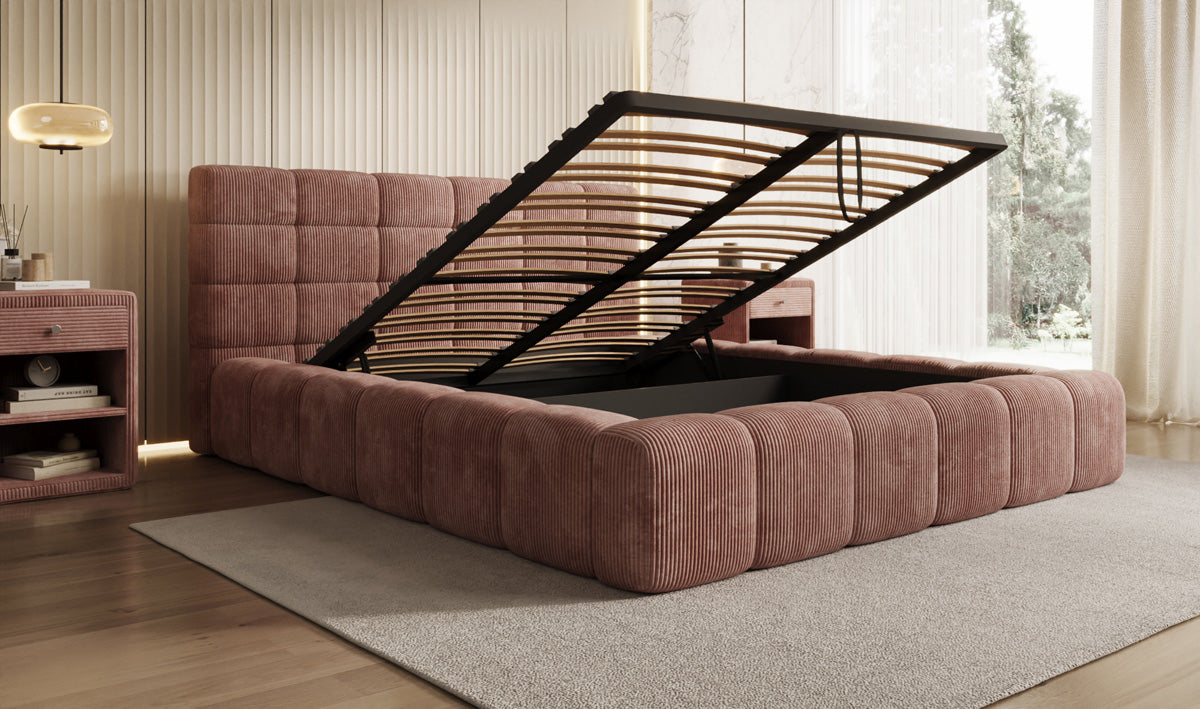 Designer gestoffeerd bed Marshmallow in Ribstof met opbergruimte