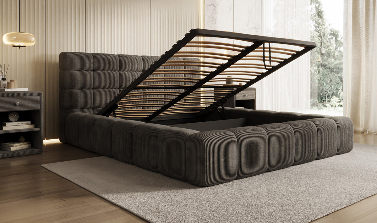 Designer gestoffeerd bed Marshmallow in Ribstof met opbergruimte