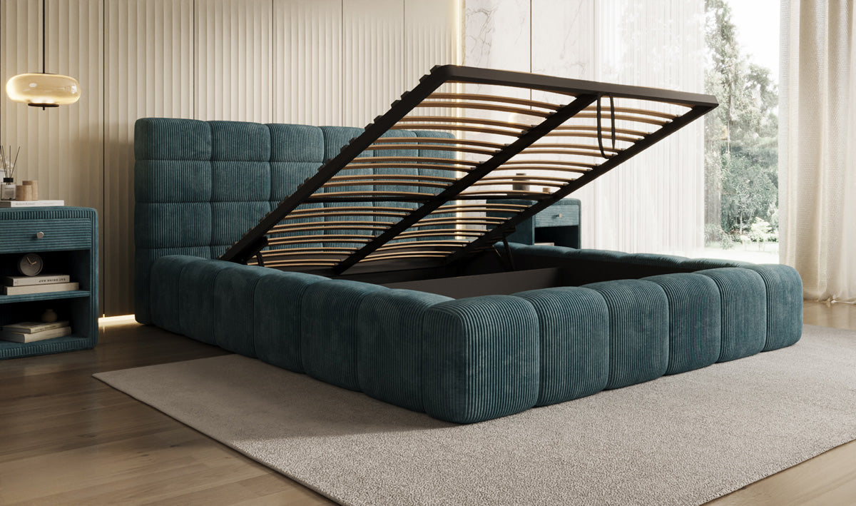 Designer gestoffeerd bed Marshmallow in Ribstof met opbergruimte